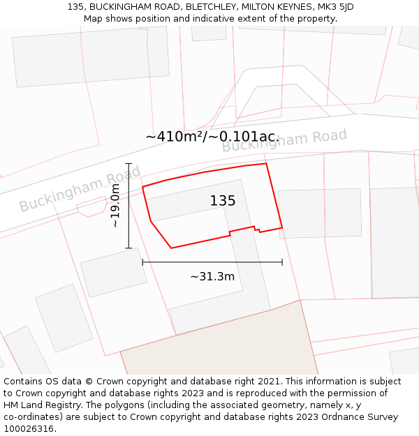 135, BUCKINGHAM ROAD, BLETCHLEY, MILTON KEYNES, MK3 5JD: Plot and title map