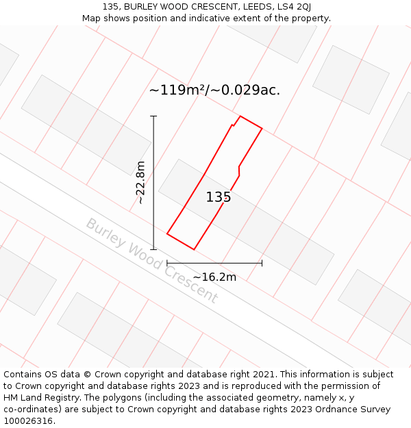 135, BURLEY WOOD CRESCENT, LEEDS, LS4 2QJ: Plot and title map