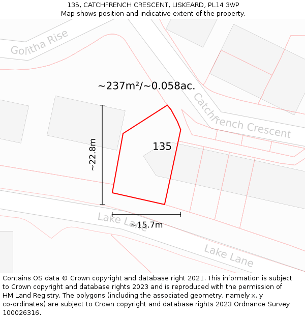 135, CATCHFRENCH CRESCENT, LISKEARD, PL14 3WP: Plot and title map