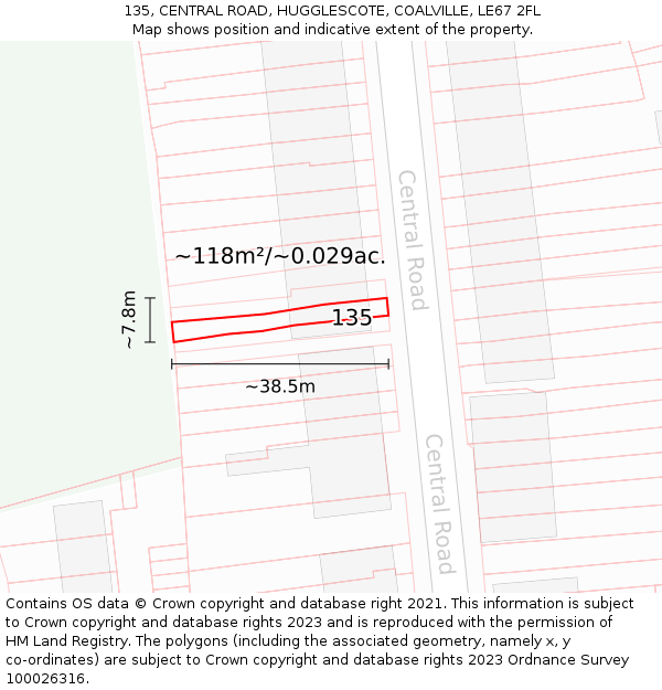 135, CENTRAL ROAD, HUGGLESCOTE, COALVILLE, LE67 2FL: Plot and title map