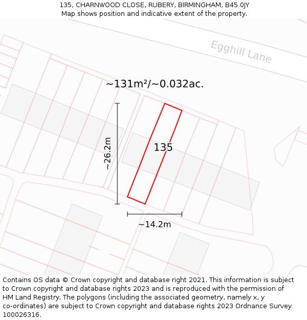 135, CHARNWOOD CLOSE, RUBERY, BIRMINGHAM, B45 0JY: Plot and title map