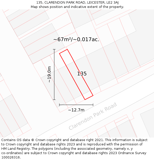 135, CLARENDON PARK ROAD, LEICESTER, LE2 3AJ: Plot and title map