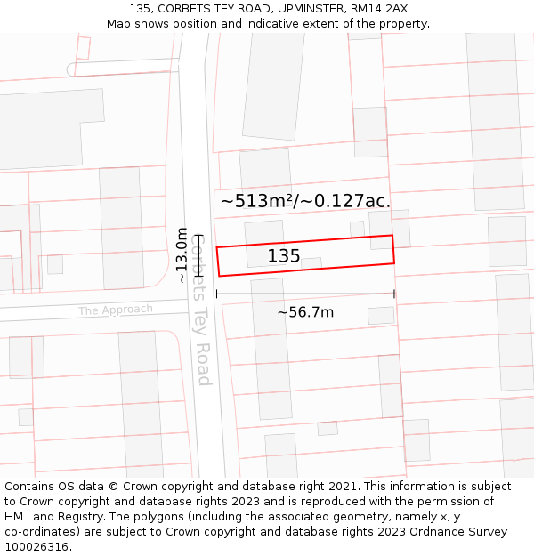 135, CORBETS TEY ROAD, UPMINSTER, RM14 2AX: Plot and title map