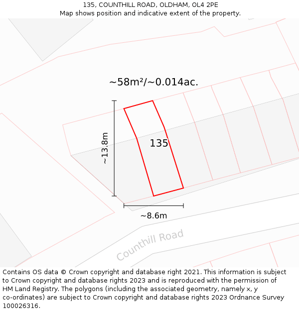 135, COUNTHILL ROAD, OLDHAM, OL4 2PE: Plot and title map