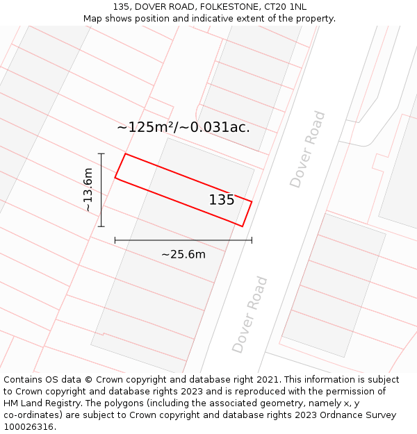 135, DOVER ROAD, FOLKESTONE, CT20 1NL: Plot and title map