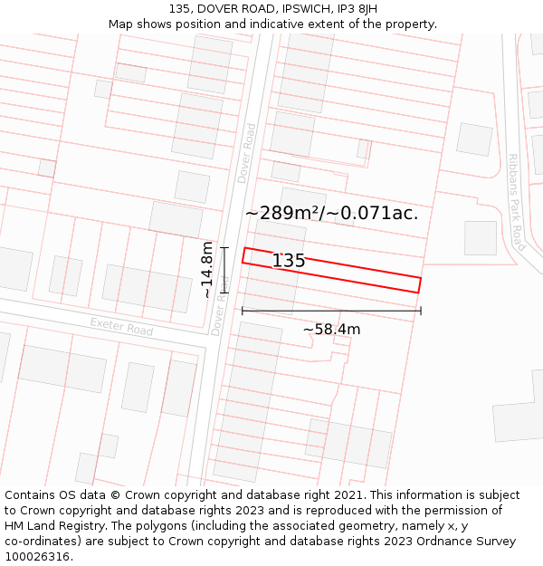 135, DOVER ROAD, IPSWICH, IP3 8JH: Plot and title map