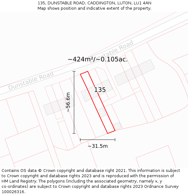 135, DUNSTABLE ROAD, CADDINGTON, LUTON, LU1 4AN: Plot and title map