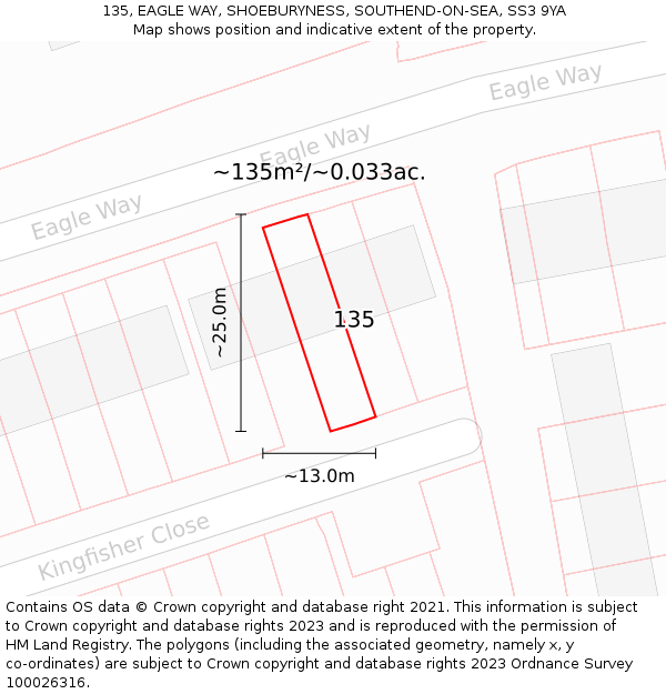 135, EAGLE WAY, SHOEBURYNESS, SOUTHEND-ON-SEA, SS3 9YA: Plot and title map