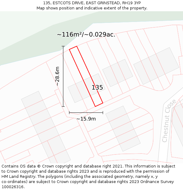 135, ESTCOTS DRIVE, EAST GRINSTEAD, RH19 3YP: Plot and title map