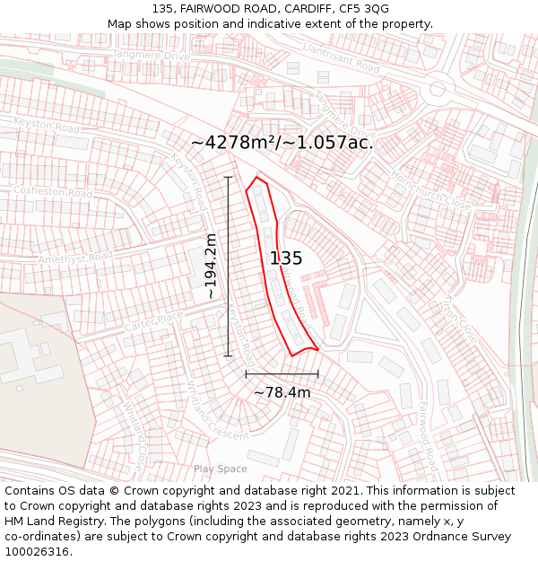 135, FAIRWOOD ROAD, CARDIFF, CF5 3QG: Plot and title map