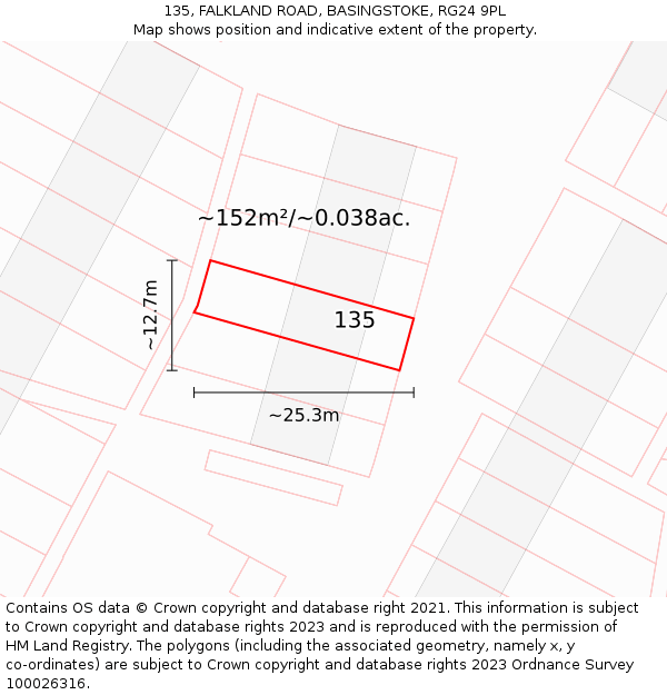 135, FALKLAND ROAD, BASINGSTOKE, RG24 9PL: Plot and title map