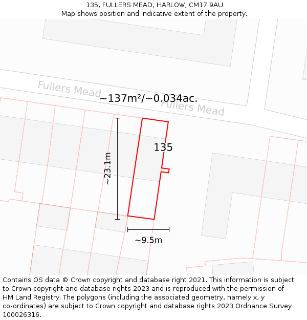 135, FULLERS MEAD, HARLOW, CM17 9AU: Plot and title map