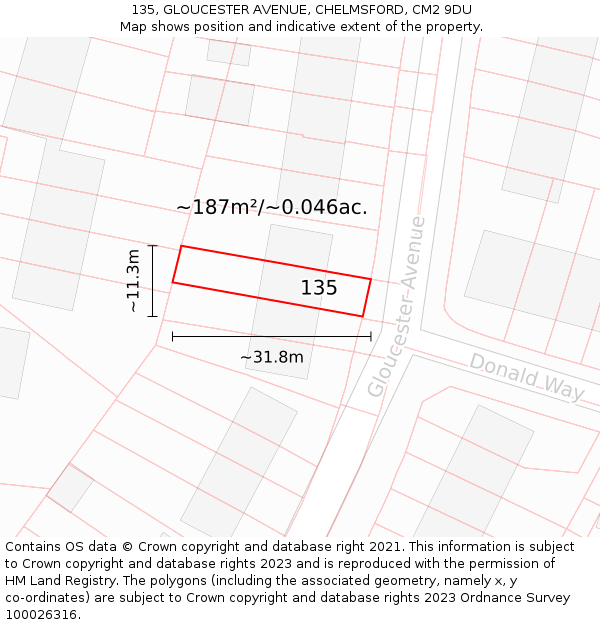 135, GLOUCESTER AVENUE, CHELMSFORD, CM2 9DU: Plot and title map