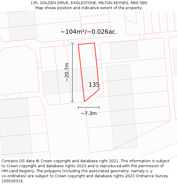 135, GOLDEN DRIVE, EAGLESTONE, MILTON KEYNES, MK6 5BS: Plot and title map