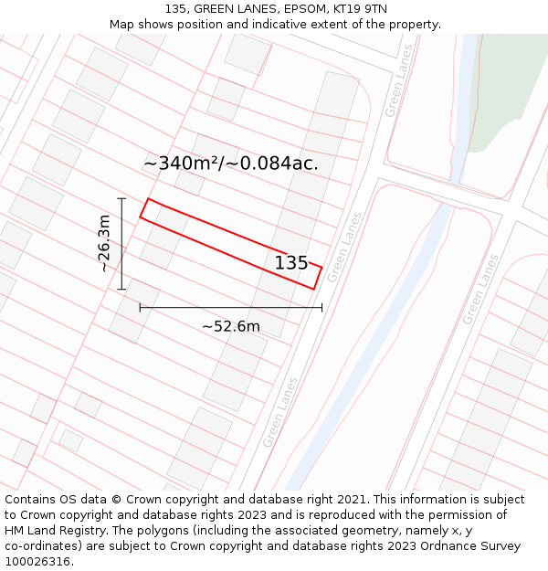 135, GREEN LANES, EPSOM, KT19 9TN: Plot and title map