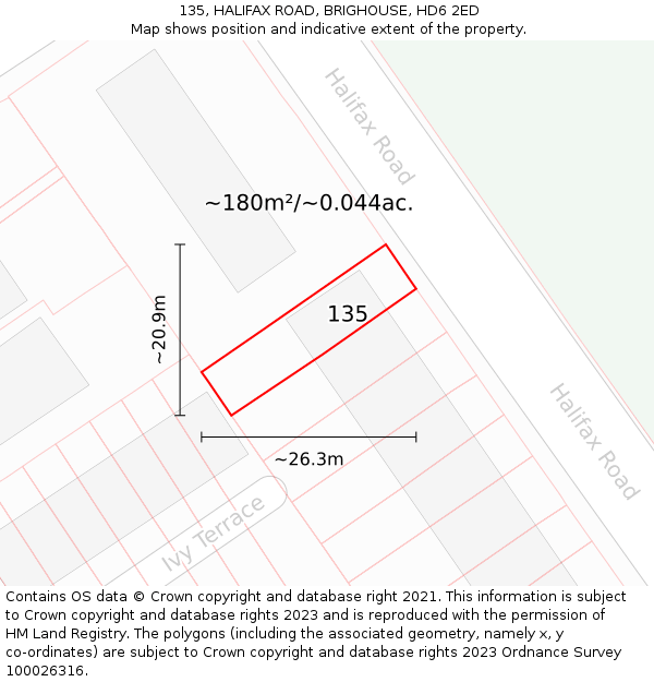 135, HALIFAX ROAD, BRIGHOUSE, HD6 2ED: Plot and title map