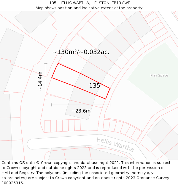 135, HELLIS WARTHA, HELSTON, TR13 8WF: Plot and title map