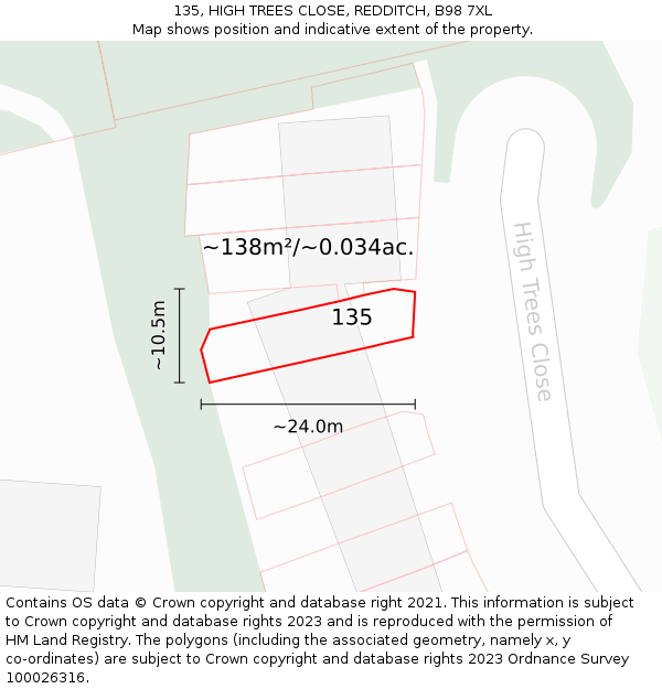 135, HIGH TREES CLOSE, REDDITCH, B98 7XL: Plot and title map