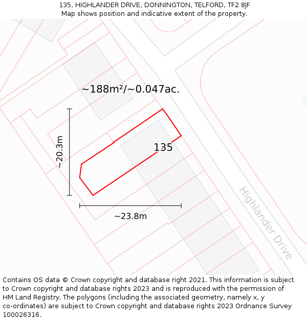 135, HIGHLANDER DRIVE, DONNINGTON, TELFORD, TF2 8JF: Plot and title map