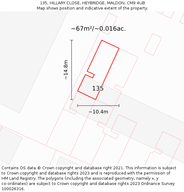 135, HILLARY CLOSE, HEYBRIDGE, MALDON, CM9 4UB: Plot and title map