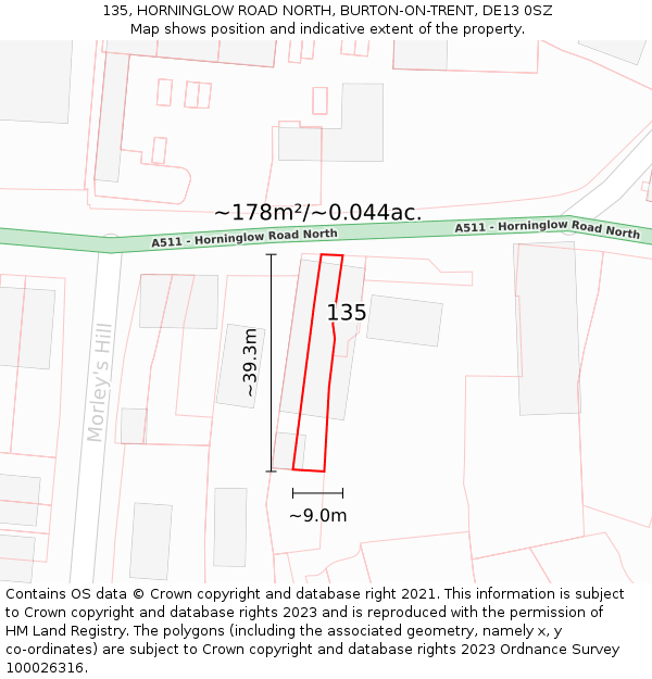 135, HORNINGLOW ROAD NORTH, BURTON-ON-TRENT, DE13 0SZ: Plot and title map