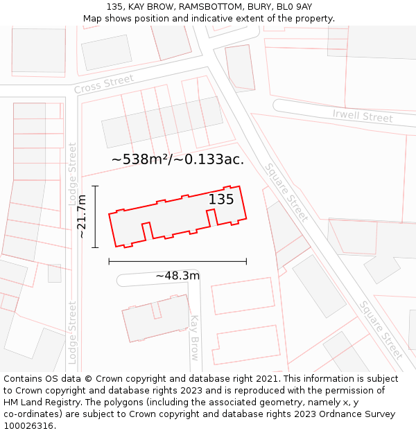 135, KAY BROW, RAMSBOTTOM, BURY, BL0 9AY: Plot and title map