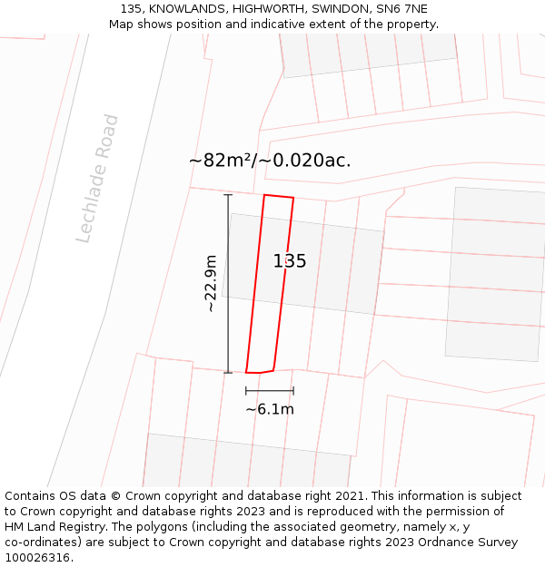 135, KNOWLANDS, HIGHWORTH, SWINDON, SN6 7NE: Plot and title map