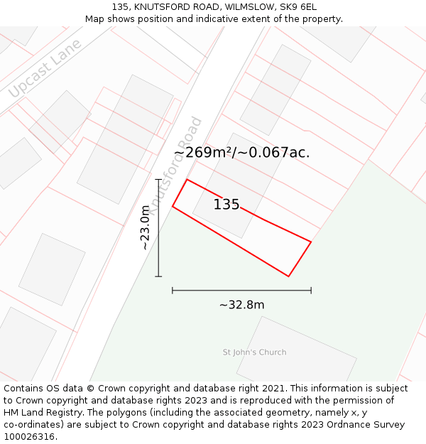 135, KNUTSFORD ROAD, WILMSLOW, SK9 6EL: Plot and title map