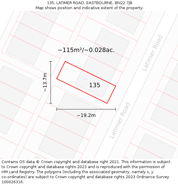 135, LATIMER ROAD, EASTBOURNE, BN22 7JB: Plot and title map