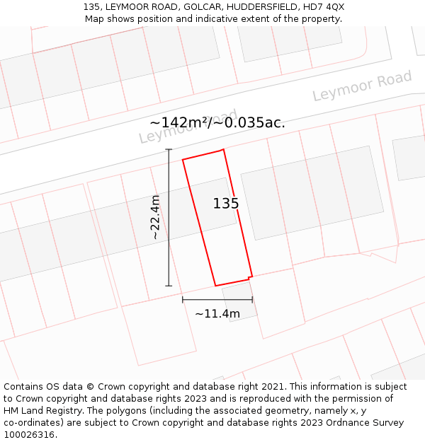 135, LEYMOOR ROAD, GOLCAR, HUDDERSFIELD, HD7 4QX: Plot and title map
