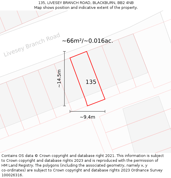 135, LIVESEY BRANCH ROAD, BLACKBURN, BB2 4NB: Plot and title map