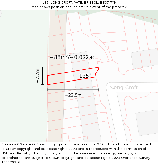 135, LONG CROFT, YATE, BRISTOL, BS37 7YN: Plot and title map