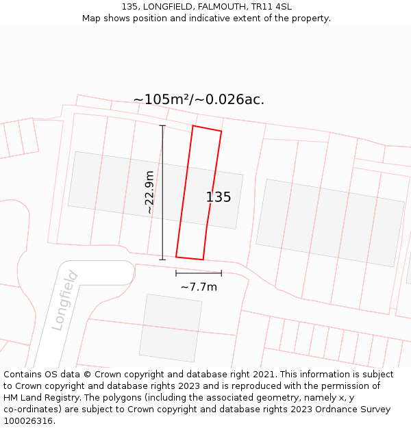 135, LONGFIELD, FALMOUTH, TR11 4SL: Plot and title map