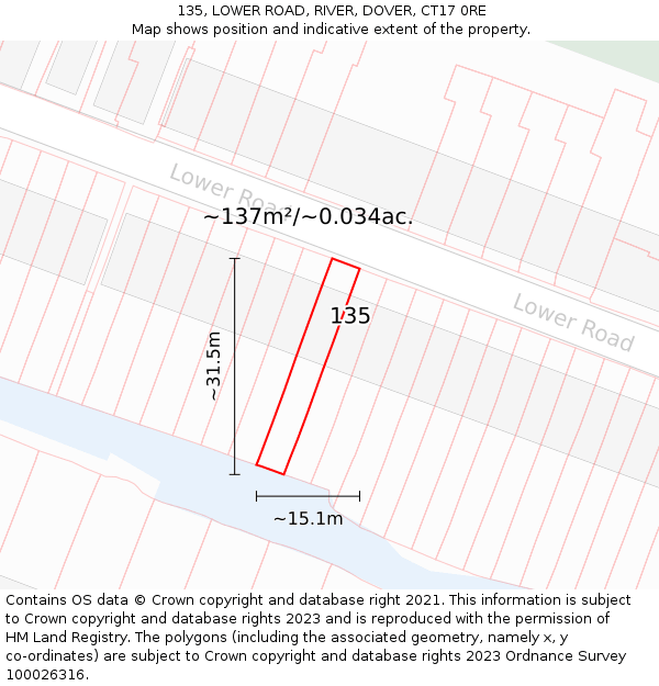 135, LOWER ROAD, RIVER, DOVER, CT17 0RE: Plot and title map