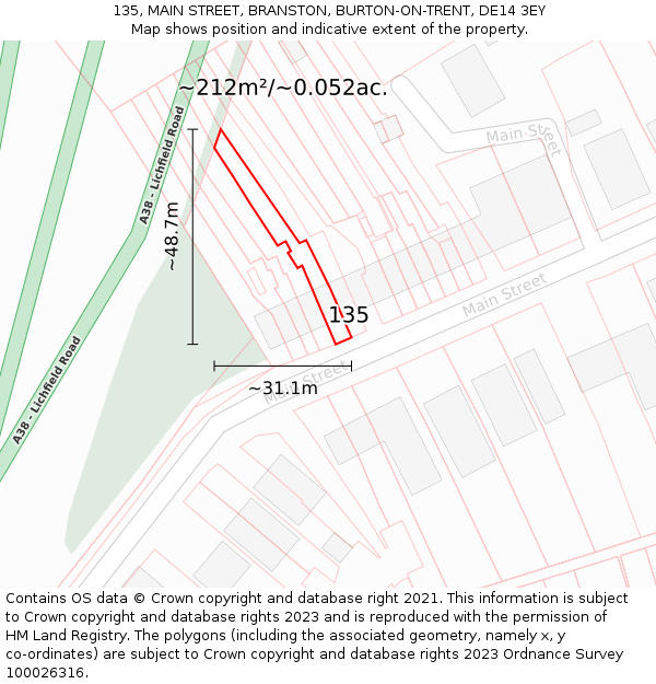 135, MAIN STREET, BRANSTON, BURTON-ON-TRENT, DE14 3EY: Plot and title map