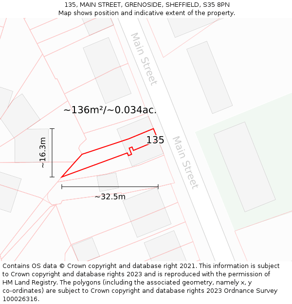 135, MAIN STREET, GRENOSIDE, SHEFFIELD, S35 8PN: Plot and title map