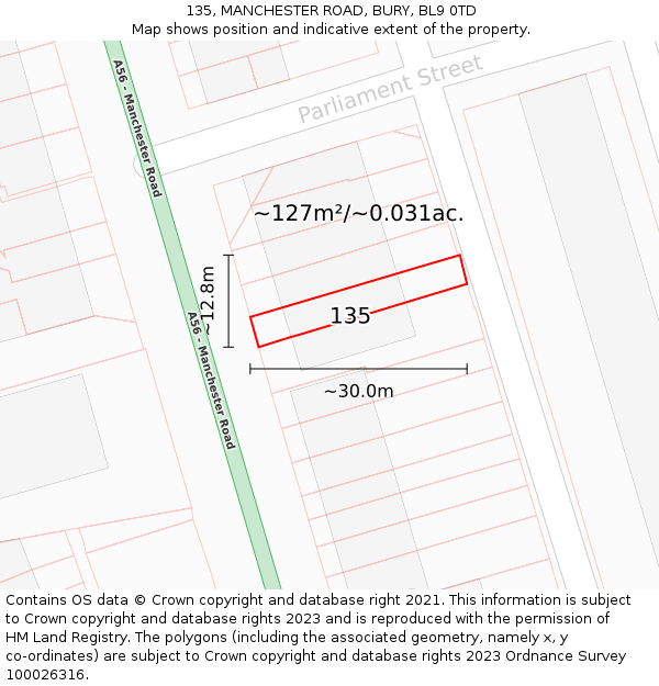 135, MANCHESTER ROAD, BURY, BL9 0TD: Plot and title map