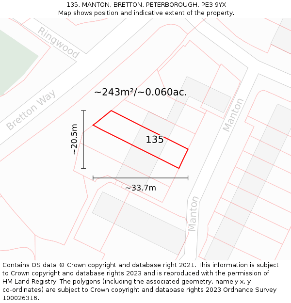 135, MANTON, BRETTON, PETERBOROUGH, PE3 9YX: Plot and title map