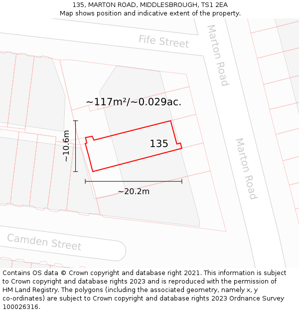 135, MARTON ROAD, MIDDLESBROUGH, TS1 2EA: Plot and title map