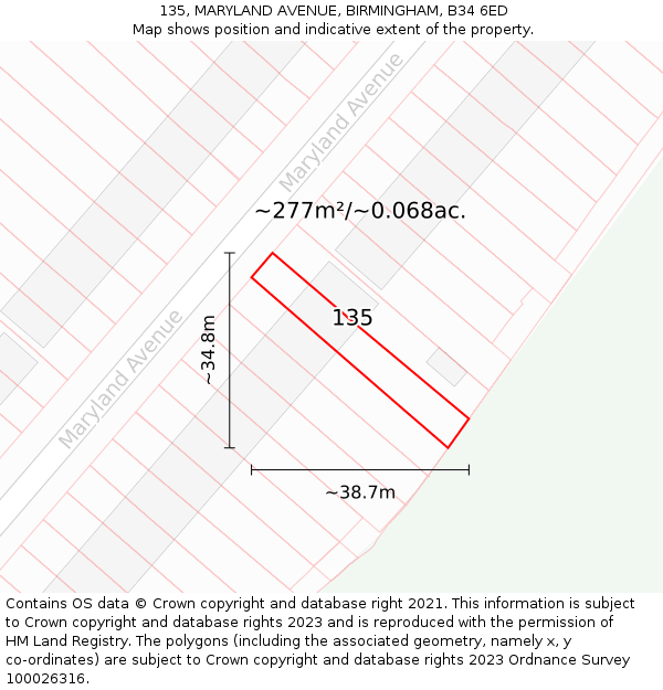 135, MARYLAND AVENUE, BIRMINGHAM, B34 6ED: Plot and title map