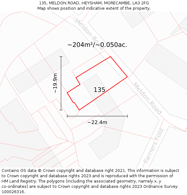 135, MELDON ROAD, HEYSHAM, MORECAMBE, LA3 2FG: Plot and title map