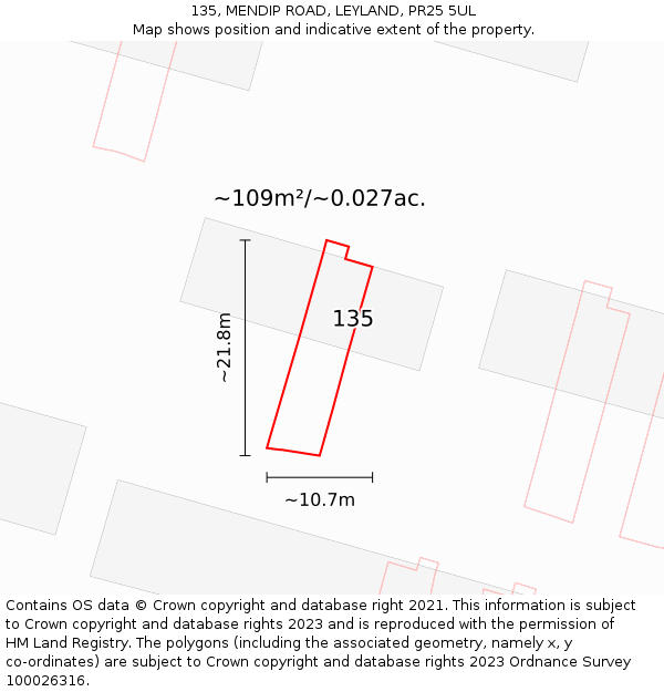135, MENDIP ROAD, LEYLAND, PR25 5UL: Plot and title map