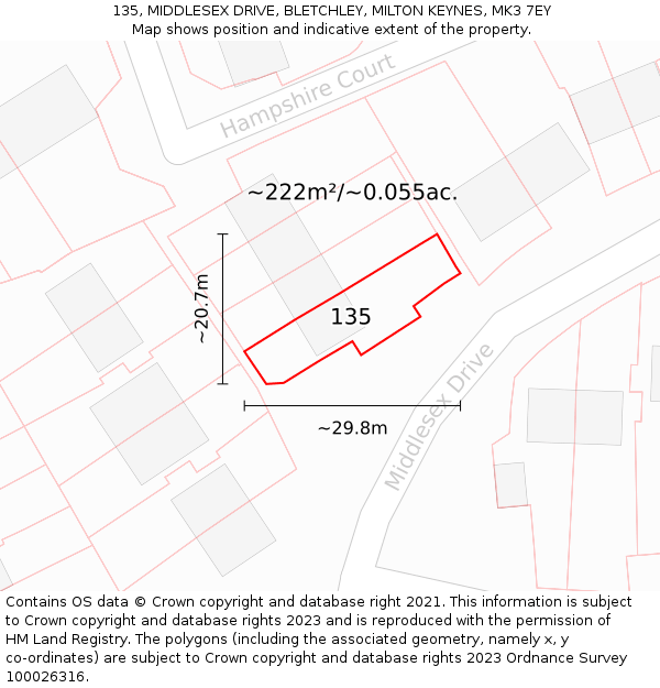 135, MIDDLESEX DRIVE, BLETCHLEY, MILTON KEYNES, MK3 7EY: Plot and title map