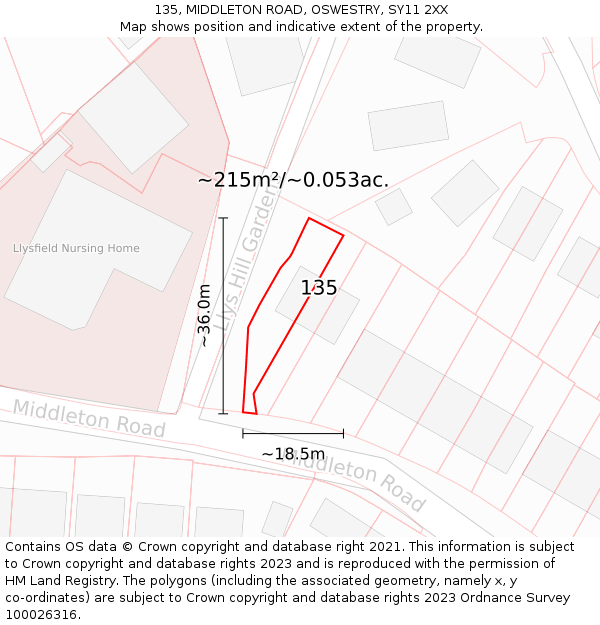 135, MIDDLETON ROAD, OSWESTRY, SY11 2XX: Plot and title map