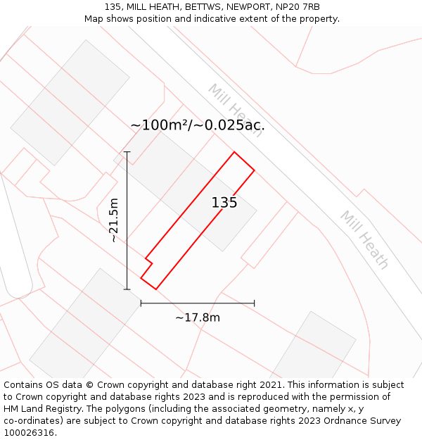 135, MILL HEATH, BETTWS, NEWPORT, NP20 7RB: Plot and title map