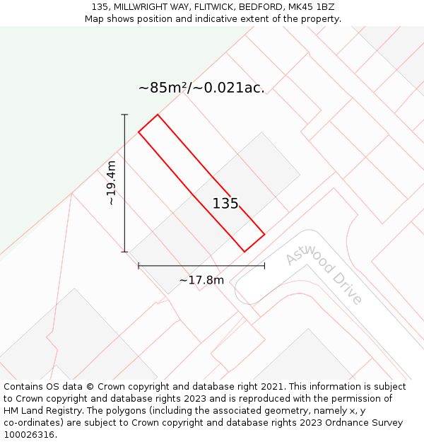 135, MILLWRIGHT WAY, FLITWICK, BEDFORD, MK45 1BZ: Plot and title map