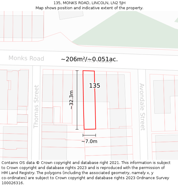 135, MONKS ROAD, LINCOLN, LN2 5JH: Plot and title map