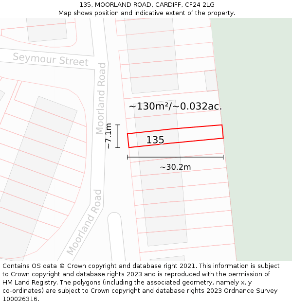 135, MOORLAND ROAD, CARDIFF, CF24 2LG: Plot and title map