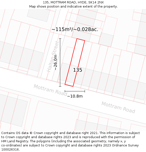 135, MOTTRAM ROAD, HYDE, SK14 2NX: Plot and title map