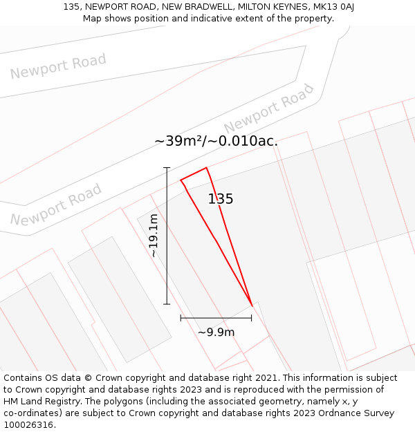 135, NEWPORT ROAD, NEW BRADWELL, MILTON KEYNES, MK13 0AJ: Plot and title map